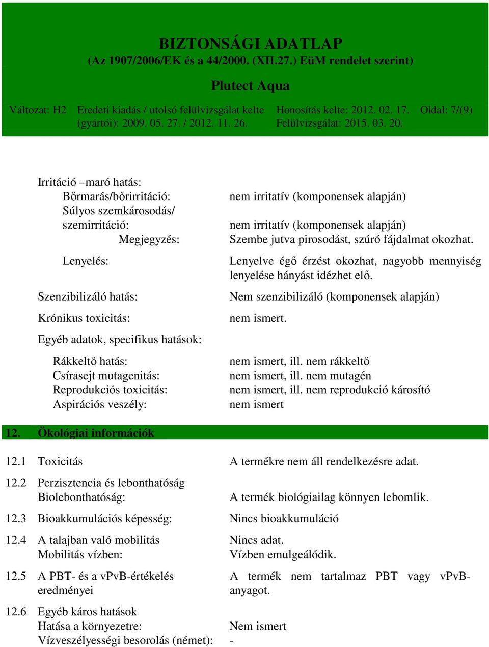 okozhat. Lenyelve égő érzést okozhat, nagyobb mennyiség lenyelése hányást idézhet elő. Nem szenzibilizáló (komponensek alapján) nem ismert. nem ismert, ill. nem rákkeltő nem ismert, ill.