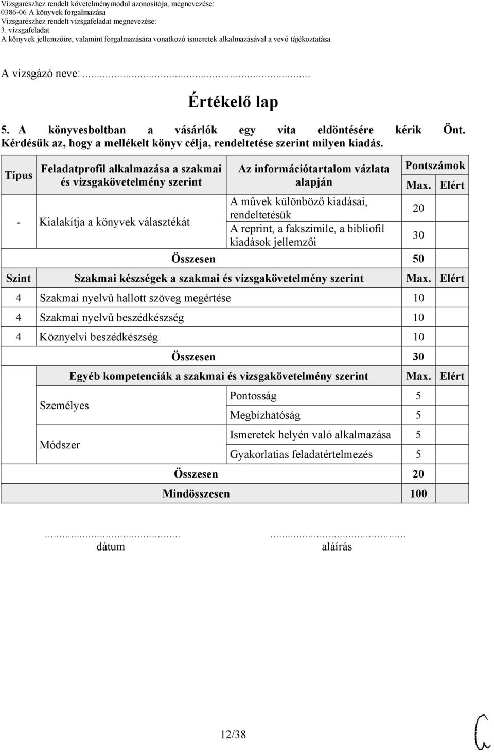 A reprint, a fakszimile, a bibliofil kiadások jellemzői 30 Összesen 50 Szint Szakmai készségek a szakmai és vizsgakövetelmény szerint 4 Szakmai nyelvű hallott szöveg megértése 10 4 Szakmai nyelvű