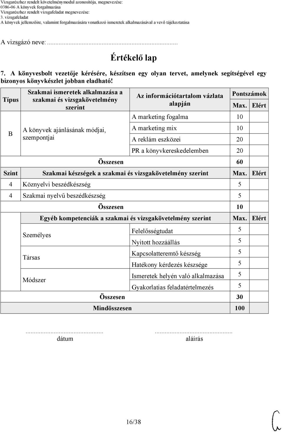 A reklám eszközei 20 PR a könyvkereskedelemben 20 Pontszámok Összesen 60 Szint Szakmai készségek a szakmai és vizsgakövetelmény szerint 4 Köznyelvi beszédkészség 5 4 Szakmai nyelvű beszédkészség 5