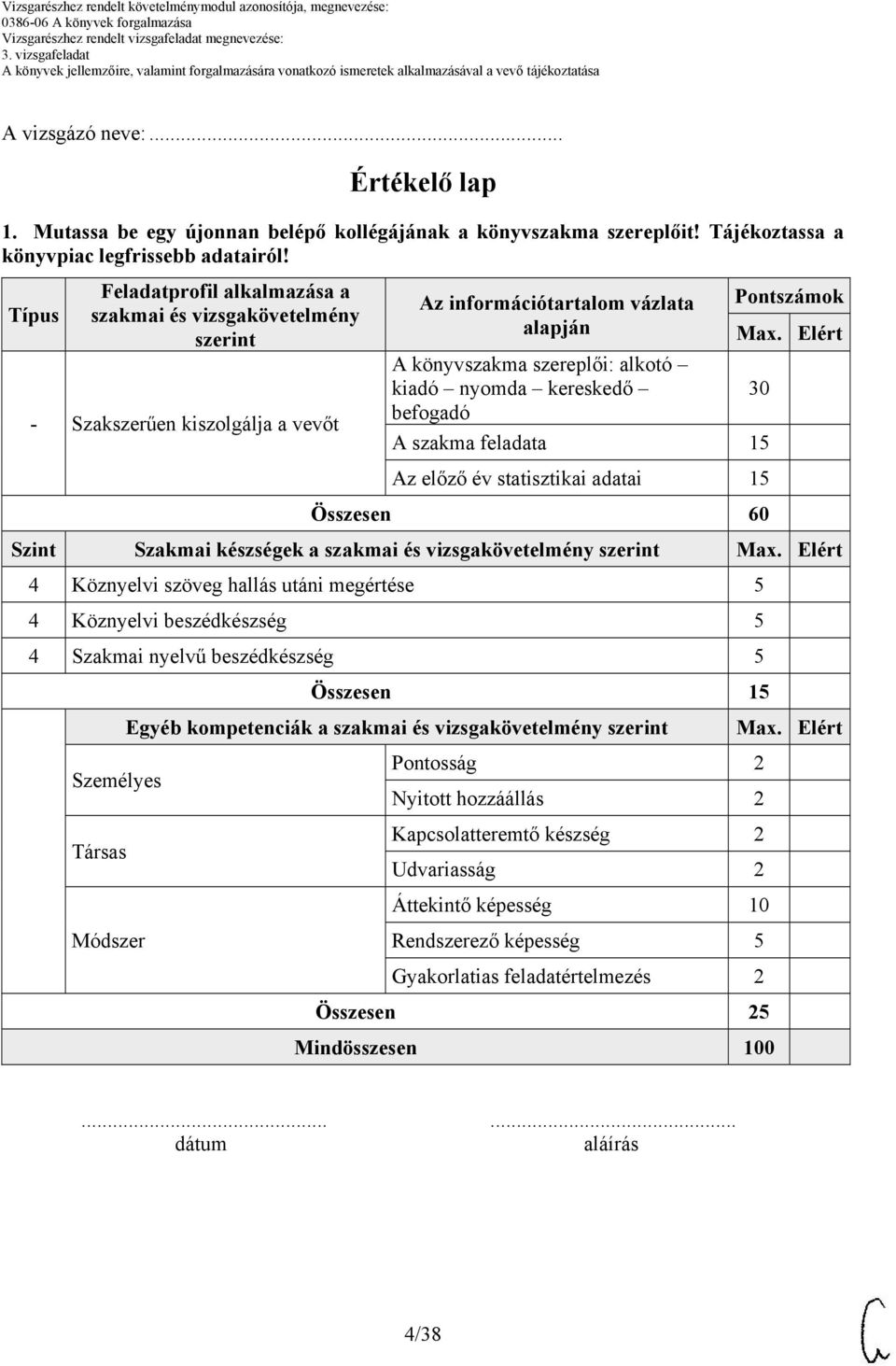 30 befogadó A szakma feladata 15 Pontszámok Az előző év statisztikai adatai 15 Összesen 60 Szint Szakmai készségek a szakmai és vizsgakövetelmény szerint 4 Köznyelvi szöveg hallás utáni megértése 5 4