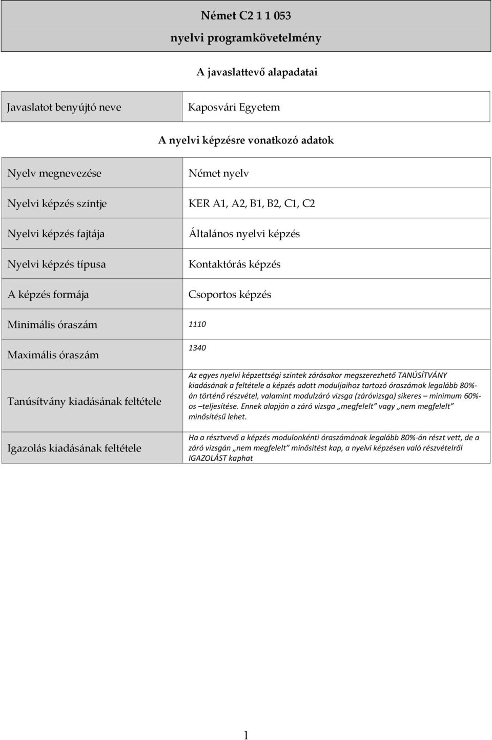 Tanúsítvány kiadásának feltétele Igazolás kiadásának feltétele 1340 Az egyes nyelvi képzettségi szintek zárásakor megszerezhető TANÚSÍTVÁNY kiadásának a feltétele a képzés adott moduljaihoz tartozó
