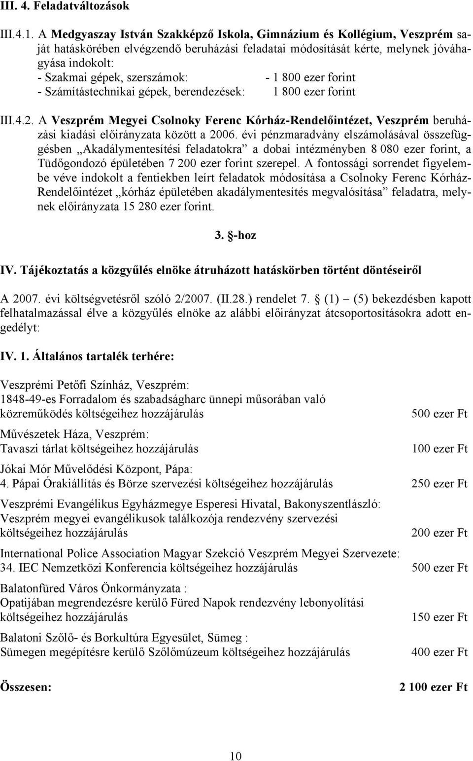 - 1 800 ezer forint - Számítástechnikai gépek, berendezések: 1 800 ezer forint III.4.2. A Veszprém Megyei Csolnoky Ferenc Kórház-Rendelőintézet, Veszprém beruházási kiadási előirányzata között a 2006.