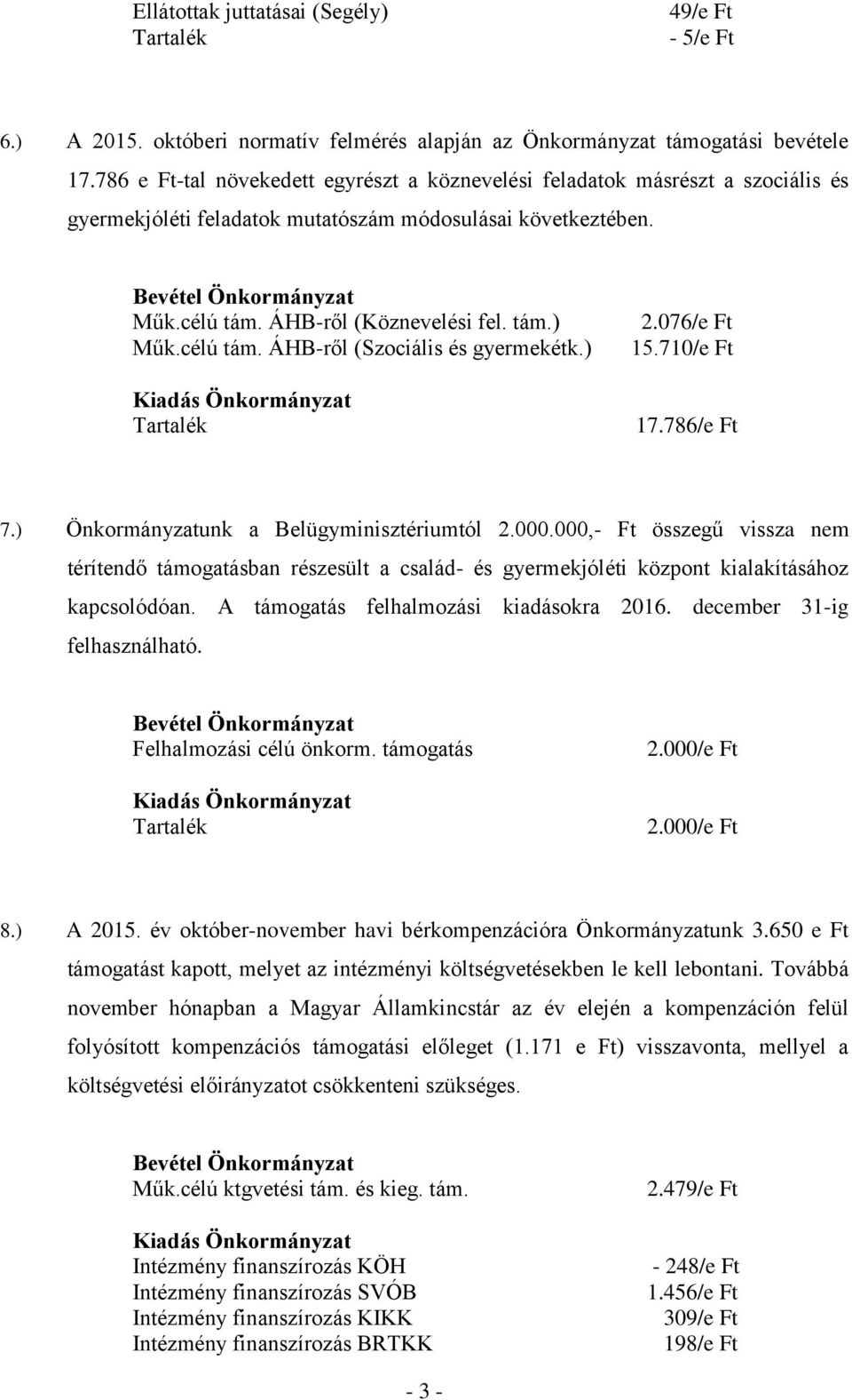 célú tám. ÁHB-ről (Szociális és gyermekétk.) 2.076/e Ft 15.710/e Ft 17.786/e Ft 7.) Önkormányzatunk a Belügyminisztériumtól 2.000.