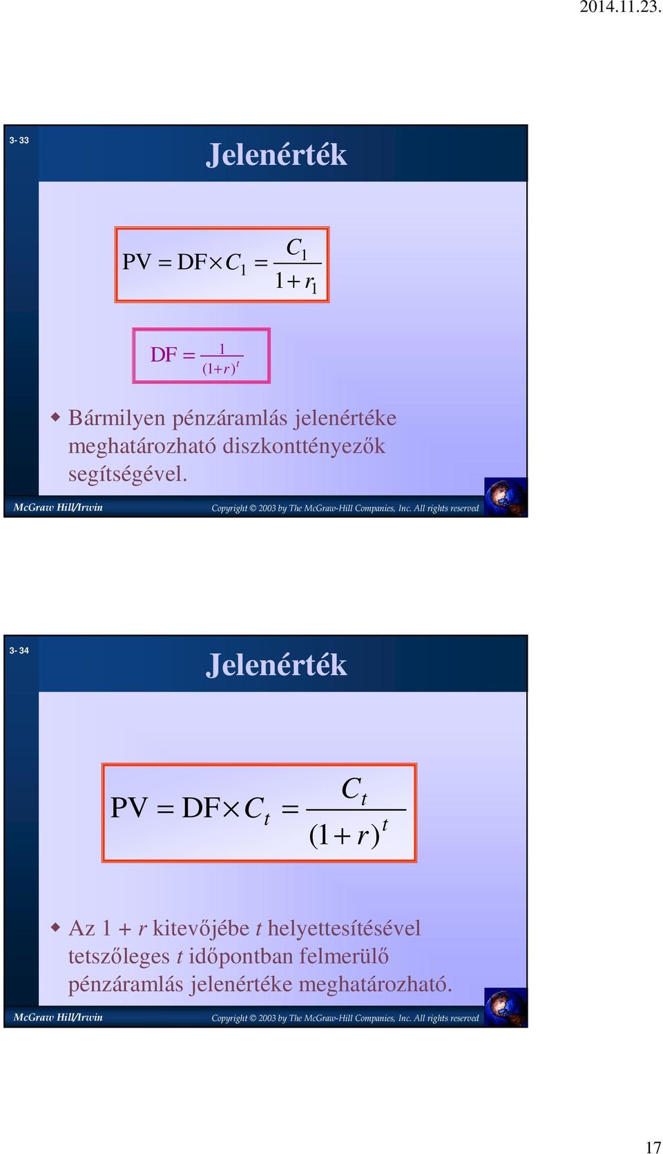 3-34 Jelenérték PV = DF C t = C t ( + r) t Az + r kitevőjébe t