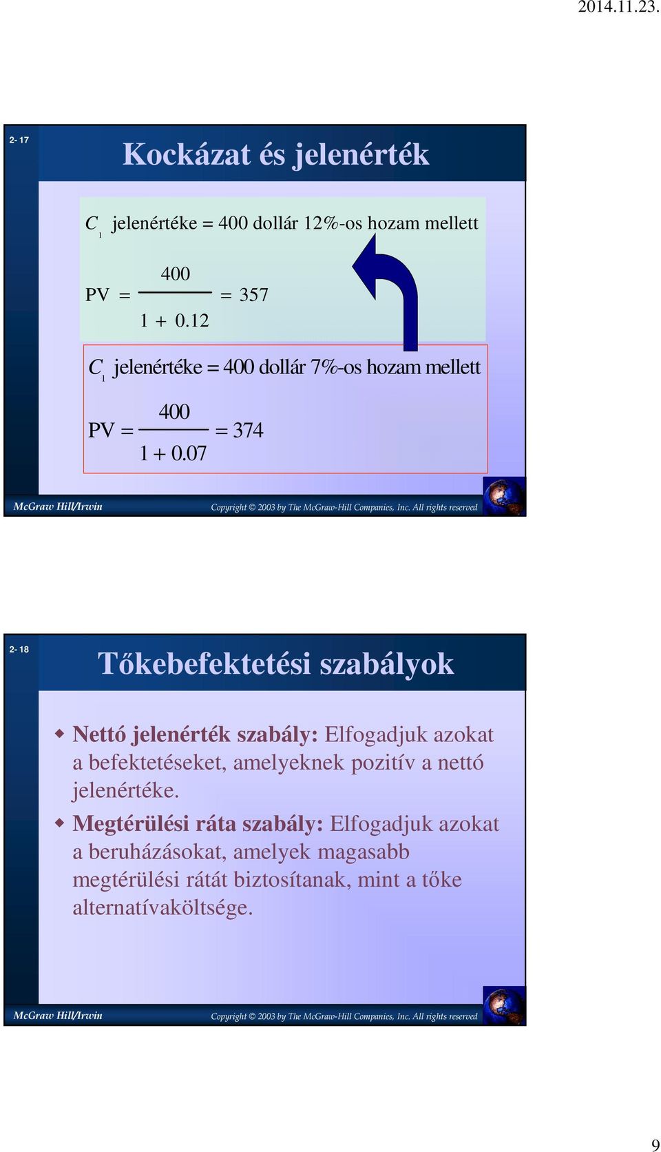 07 2-8 Tőkebefektetési szabályok Nettó jelenérték szabály: Elfogadjuk azokat a befektetéseket, amelyeknek