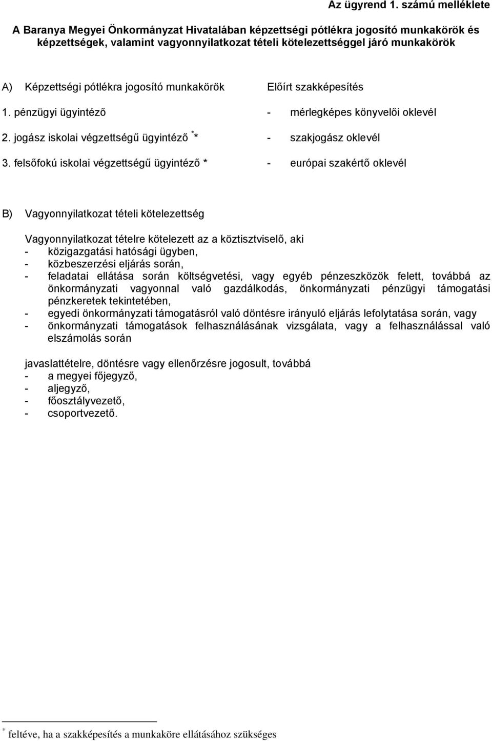 pótlékra jogosító munkakörök Előírt szakképesítés 1. pénzügyi ügyintéző - mérlegképes könyvelői oklevél 2. jogász iskolai végzettségű ügyintéző * * - szakjogász oklevél 3.