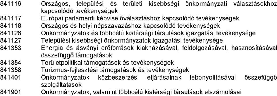 tevékenysége 841353 Energia és ásványi erőforrások kiaknázásával, feldolgozásával, hasznosításával összefüggő támogatások 841354 Területpolitikai támogatások és tevékenységek 841358