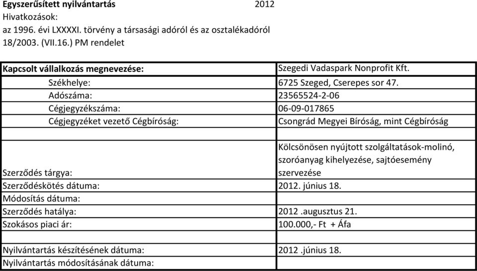 nyújtott szolgáltatások-molinó, szoróanyag kihelyezése, sajtóesemény szervezése Szerződéskötés dátuma: 2012.