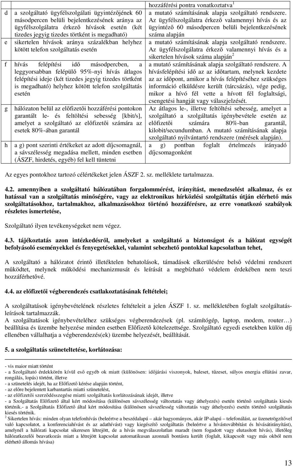 jegyig tizedes törtként is megadható) helyhez kötött telefon szolgáltatás esetén g h hálózaton belül az előfizetői hozzáférési pontokon garantált le- és feltöltési sebesség [kbit/s], amelyet a
