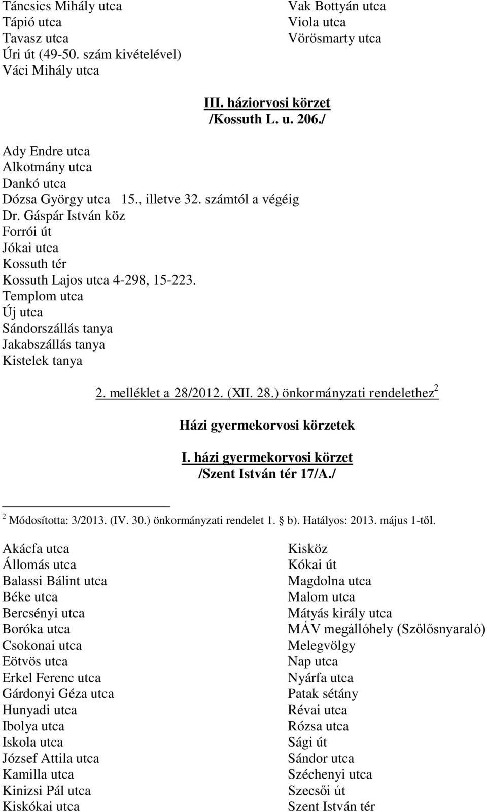 Templom utca Új utca Sándorszállás tanya Jakabszállás tanya Kistelek tanya 2. melléklet a 28/2012. (XII. 28.) önkormányzati rendelethez 2 Házi gyermekorvosi körzetek I.