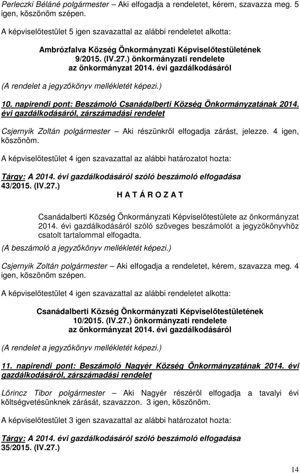 évi gazdálkodásáról (A rendelet a jegyzőkönyv mellékletét képezi.) 10. napirendi pont: Beszámoló Csanádalberti Község Önkormányzatának 2014.