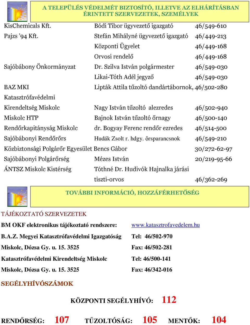 Szilva István polgármester 46/549-030 Likai-Tóth Adél jegyző 46/549-030 BAZ MKI Lipták Attila tűzoltó dandártábornok, 46/502-280 Katasztrófavédelmi Kirendeltség Miskolc Nagy István tűzoltó alezredes
