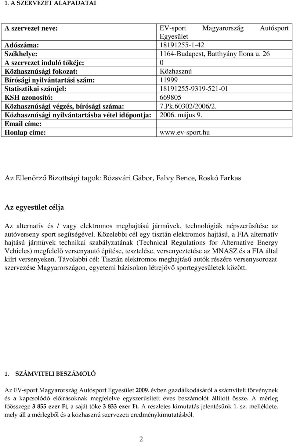 száma: 7.Pk.60302/2006/2. Közhasznúsági nyilvántartásba vétel időpontja: 2006. május 9. Email címe: Honlap címe: www.ev-sport.