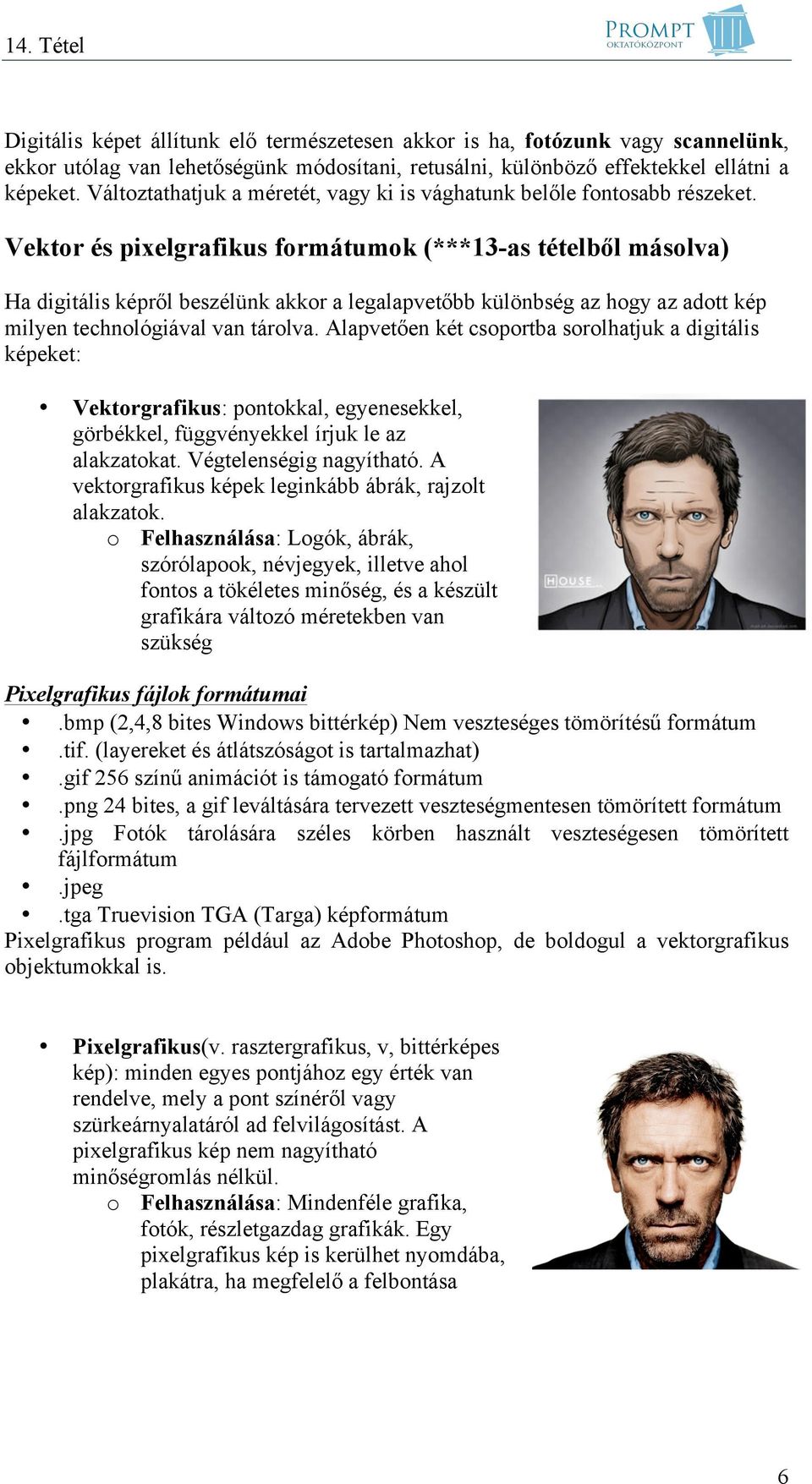Vektor és pixelgrafikus formátumok (***13-as tételből másolva) Ha digitális képről beszélünk akkor a legalapvetőbb különbség az hogy az adott kép milyen technológiával van tárolva.
