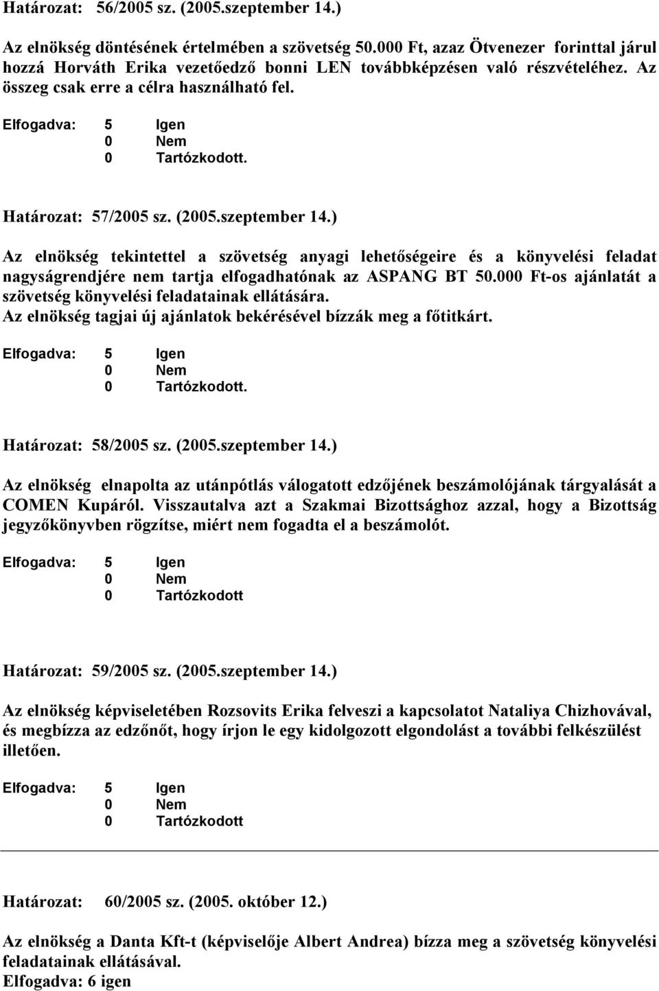 Határozat: 57/2005 sz. (2005.szeptember 14.) Az elnökség tekintettel a szövetség anyagi lehetıségeire és a könyvelési feladat nagyságrendjére nem tartja elfogadhatónak az ASPANG BT 50.