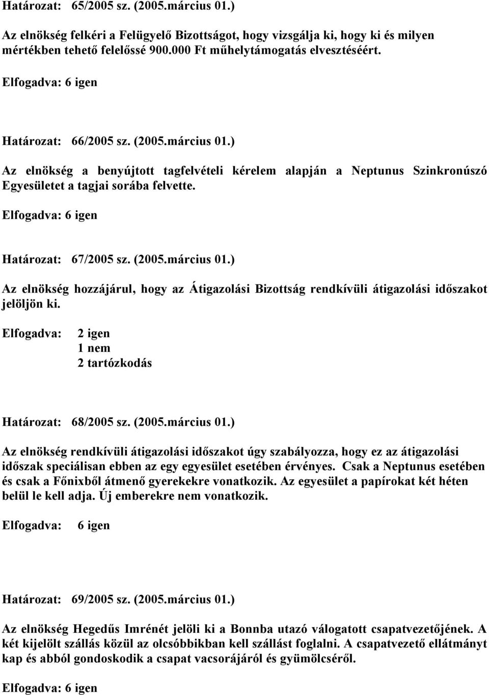 Elfogadva: 2 igen 1 nem 2 tartózkodás Határozat: 68/2005 sz. (2005.március 01.