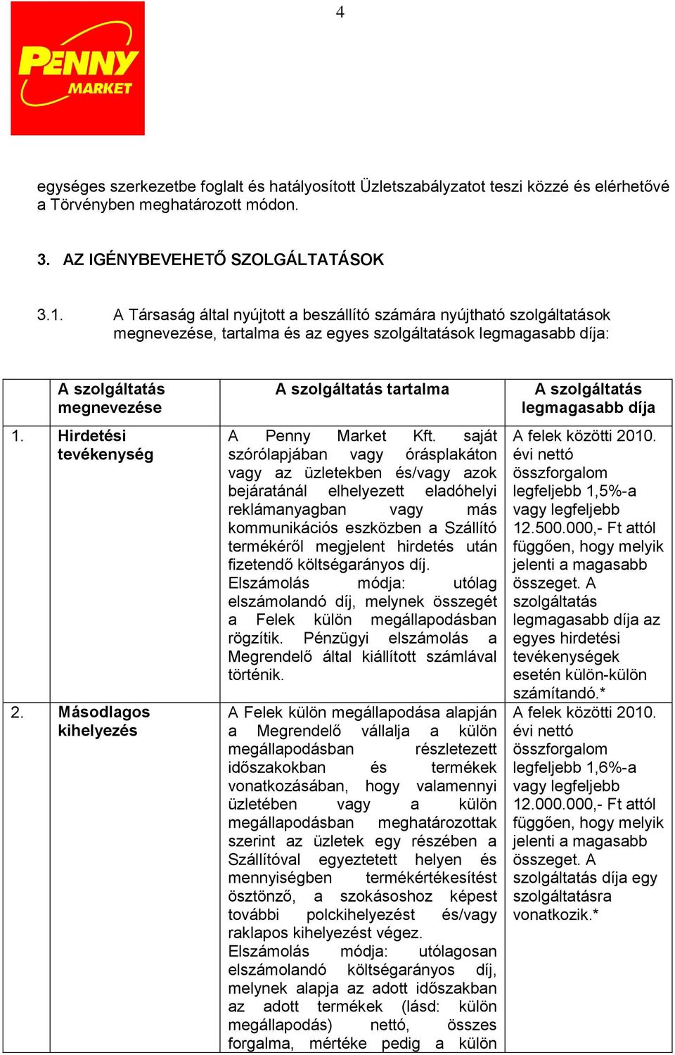 Másodlagos kihelyezés A szolgáltatás tartalma A Penny Market Kft.