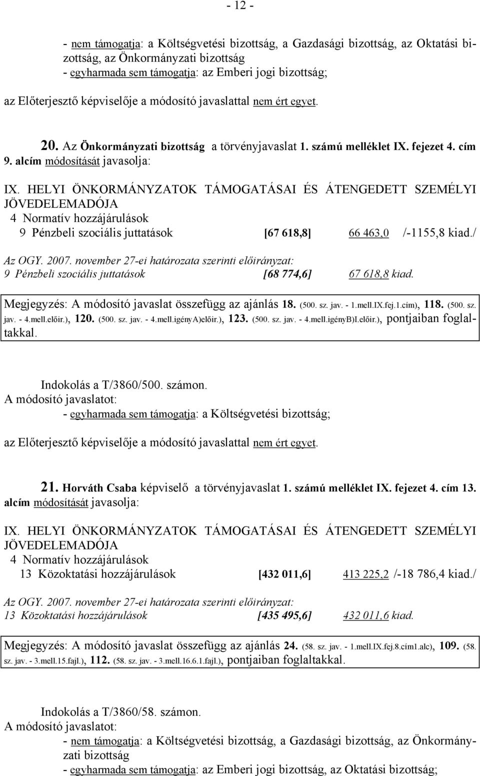 HELYI ÖNKORMÁNYZATOK TÁMOGATÁSAI ÉS ÁTENGEDETT SZEMÉLYI JÖVEDELEMADÓJA 4 Normatív hozzájárulások 9 Pénzbeli szociális juttatások [67 618,8] 66 463,0 /-1155,8 kiad./ Az OGY. 2007.