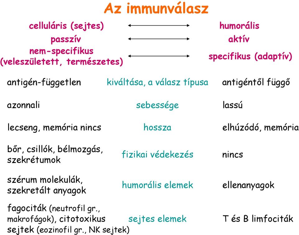 kiváltása, a válasz típusa sebessége hossza fizikai védekezés humorális elemek antigéntől függő lassú elhúzódó, memória nincs