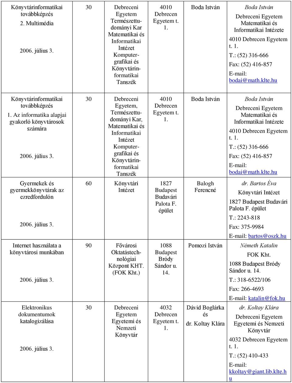 hu Könyvtárinformatikai továbbképz Az informatika alapjai gyakorló könyvtárosok számára 30 Debreceni, Termzettudományi Kar, Matematikai Komputergrafikai Könyvtárinformatikai 4010 Debrecen t.