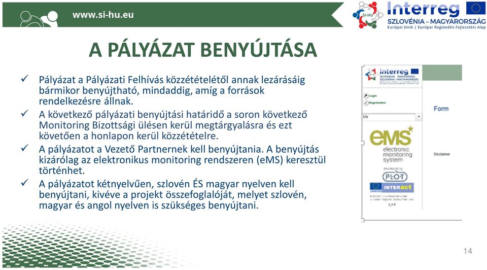 közzétételre. A pályázatot a Vezető Partnernek kell benyújtania. A benyújtás kizárólag az elektronikus monitoring rendszeren (ems) keresztül történhet.