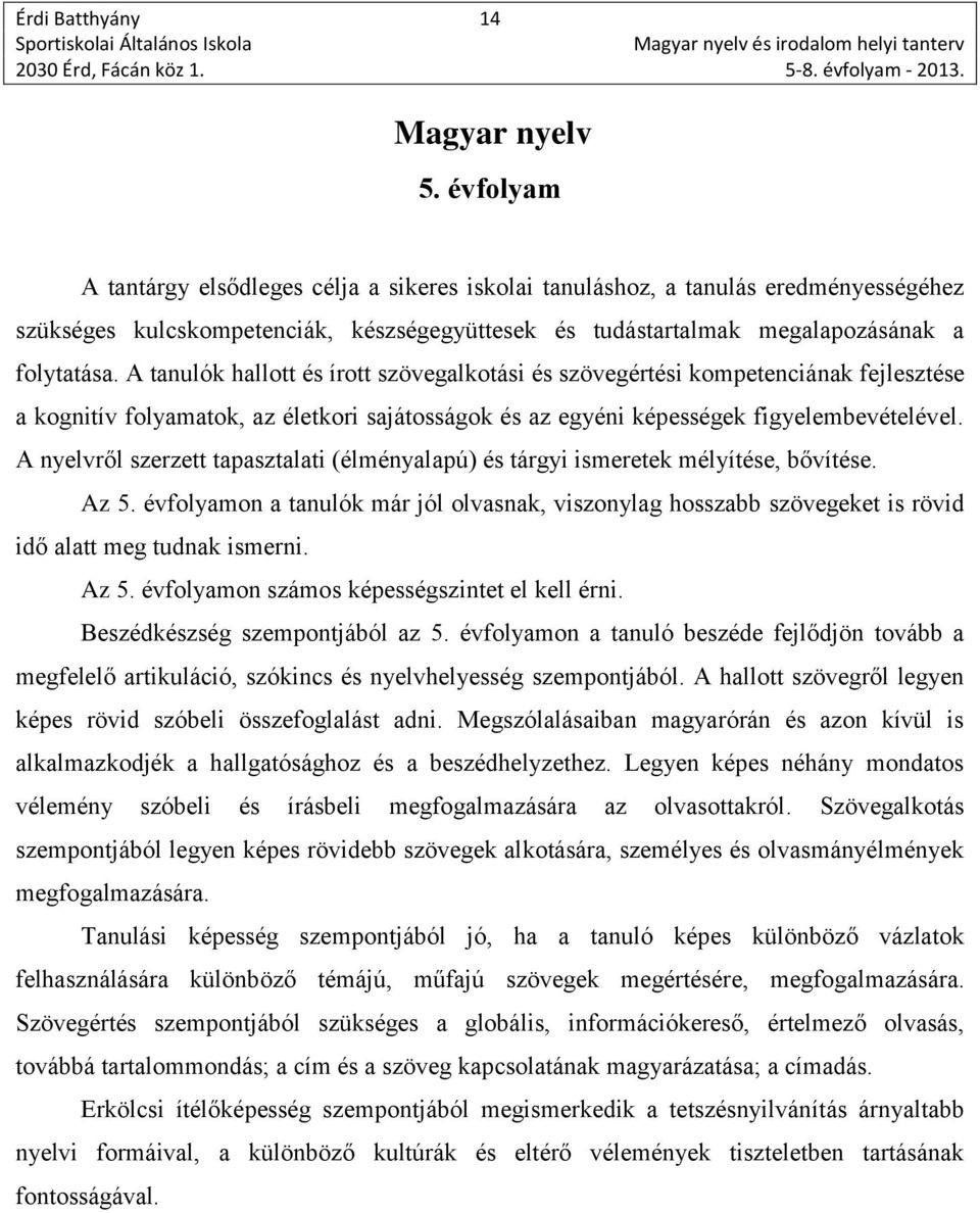 A tanulók hallott és írott szövegalkotási és szövegértési kompetenciának fejlesztése a kognitív folyamatok, az életkori sajátosságok és az egyéni képességek figyelembevételével.