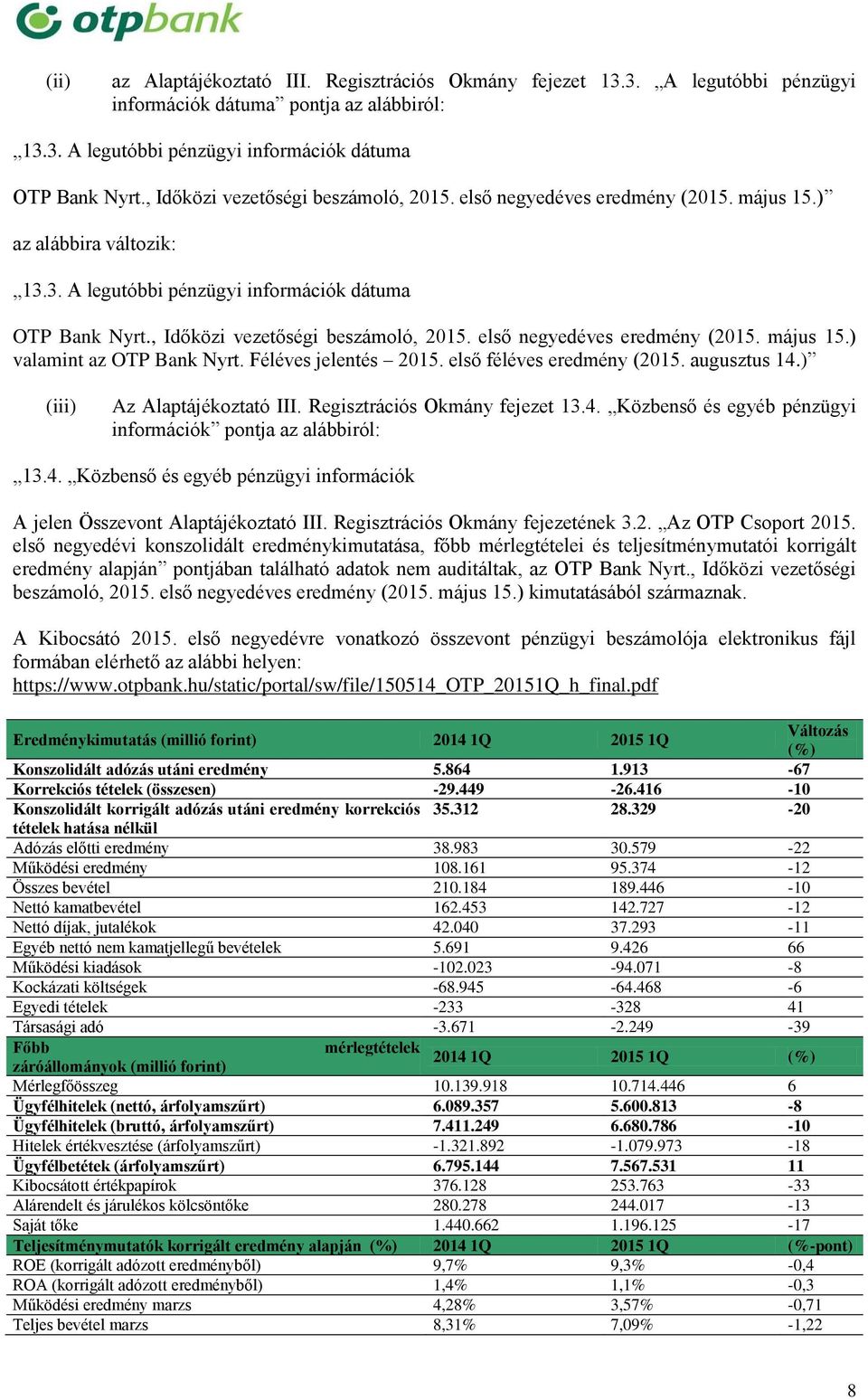 Féléves jelentés 2015. első féléves eredmény (2015. augusztus 14.) (iii) Az Alaptájékoztató III. Regisztrációs Okmány fejezet 13.4. Közbenső és egyéb pénzügyi információk pontja az alábbiról: 13.4. Közbenső és egyéb pénzügyi információk A jelen Összevont Alaptájékoztató III.