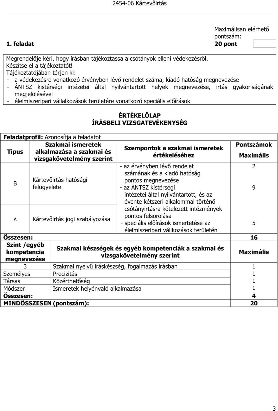 élelmiszeripari vállalkozások területére vonatkozó speciális előírások Feladatprofil: zonosítja a feladatot Típus alkalmazása a szakmai és B Kártevőirtás hatósági felügyelete Kártevőirtás jogi