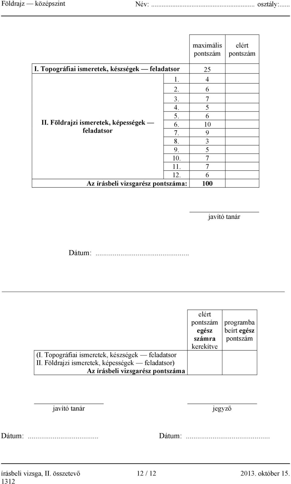 6 Az írásbeli vizsgarész pontszáma: 100 javító tanár Dátum:... (I. Topográfiai ismeretek, készségek feladatsor II.