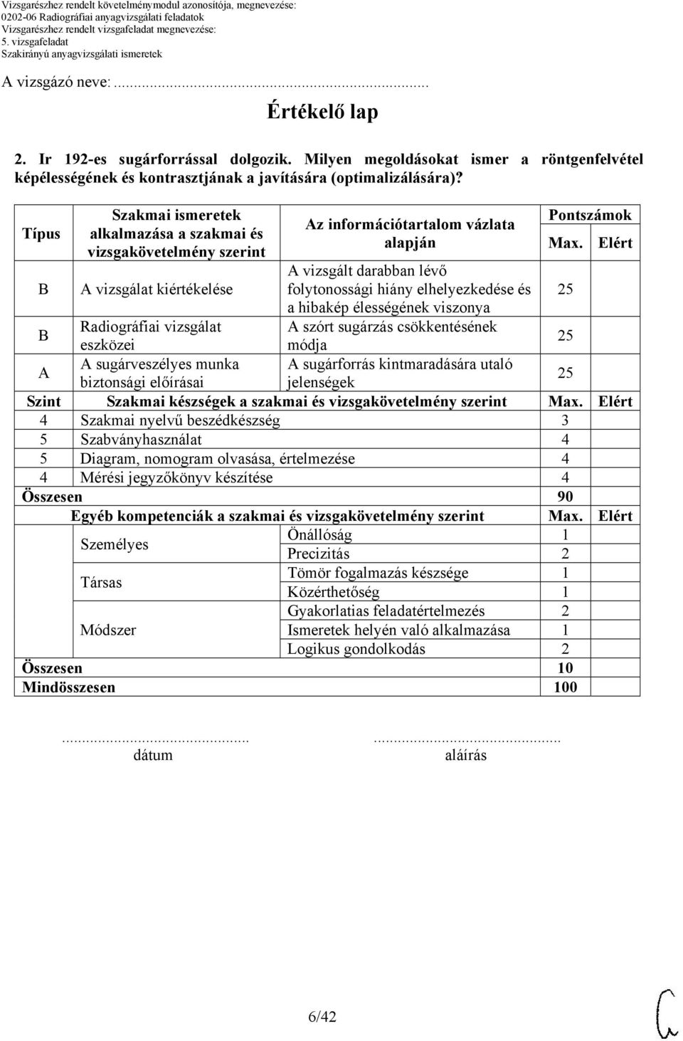 és a hibakép élességének viszonya A szórt sugárzás csökkentésének módja A sugárforrás kintmaradására utaló Pontszámok Max.