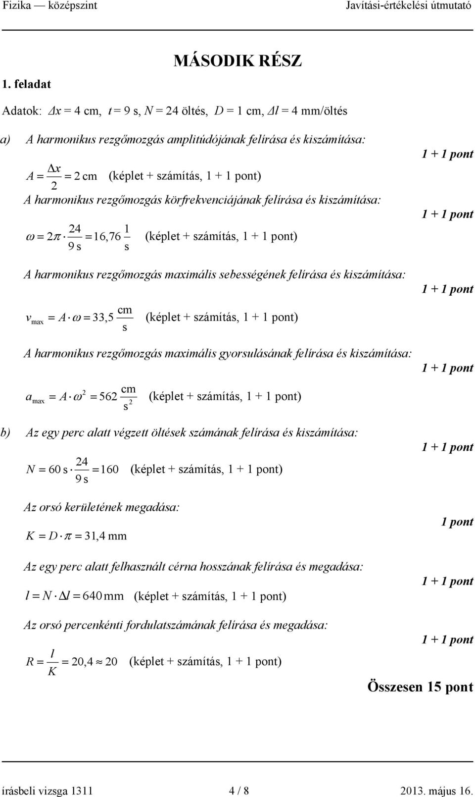 = A ω = 33,5 (képlet + számítás, ) s A harmonikus rezgőmozgás maximális gyorsulásának felírása és kiszámítása: 2 cm a max = A ω = 562 s 2 (képlet + számítás, ) b) Az egy perc alatt végzett öltések
