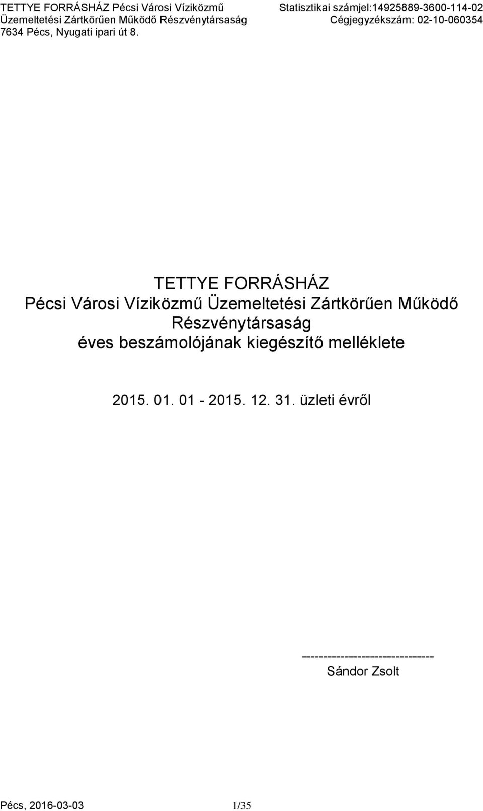 kiegészítő melléklete 2015. 01. 01-2015. 12. 31.