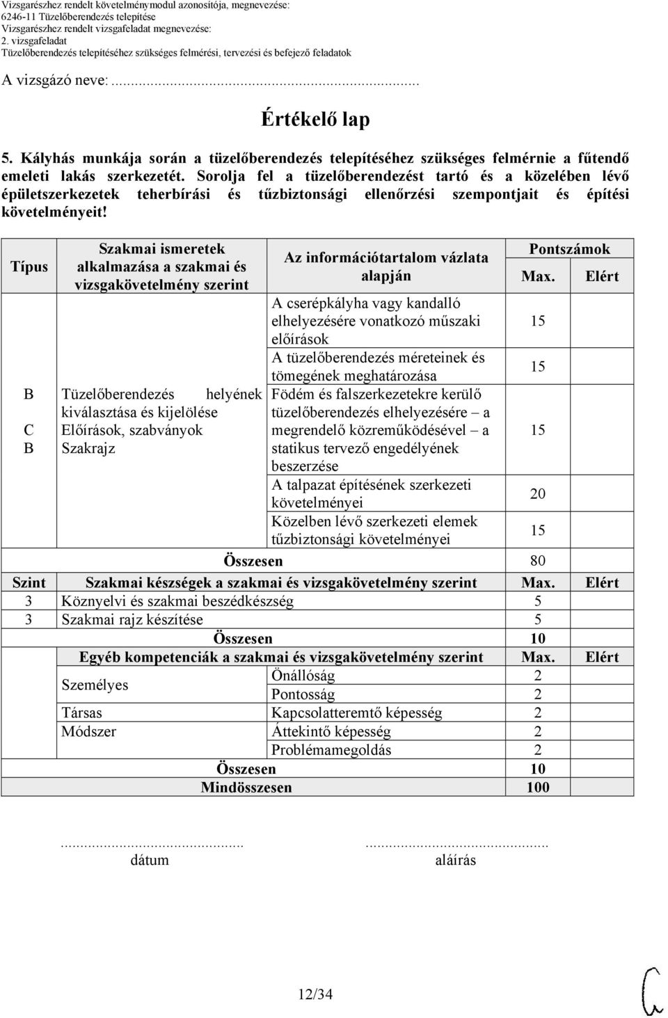 Típus C Szakmai ismeretek alkalmazása a szakmai és vizsgakövetelmény szerint Tüzelőberendezés helyének kiválasztása és kijelölése Előírások, szabványok Szakrajz Az információtartalom vázlata alapján