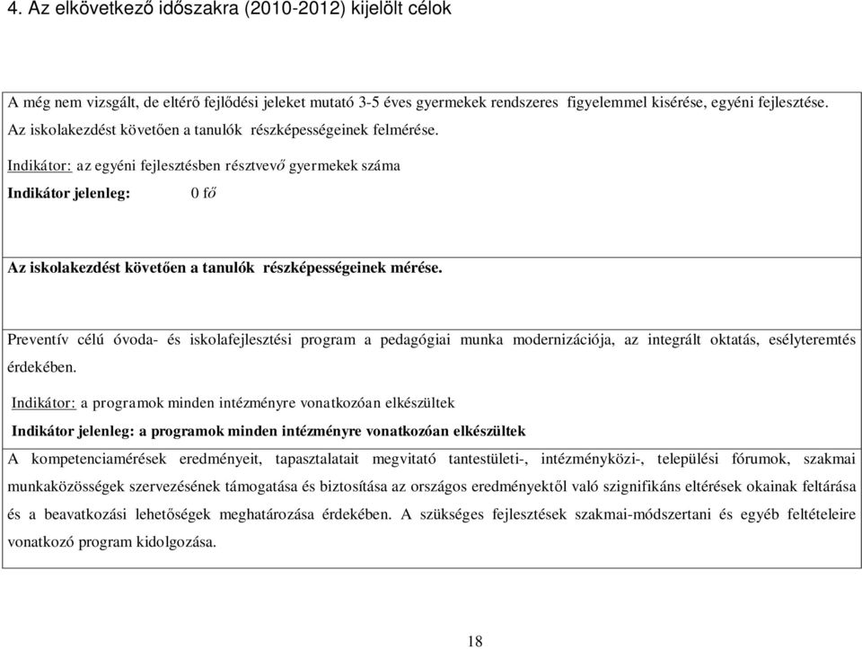 Indikátor: az egyéni fejlesztésben résztvevő gyermekek száma Indikátor jelenleg: 0 fő Az iskolakezdést követően a tanulók részképességeinek mérése.