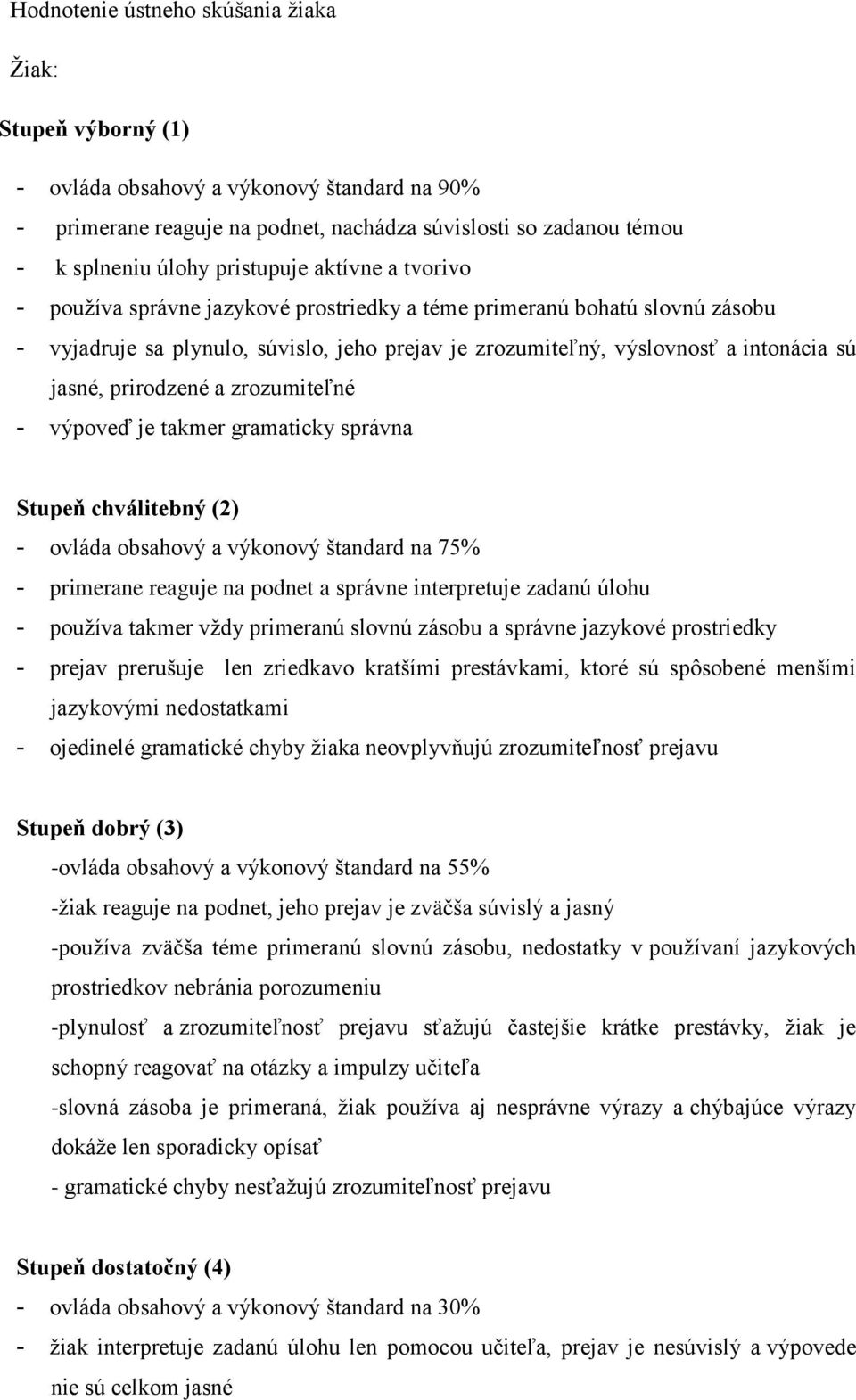 jasné, prirodzené a zrozumiteľné - výpoveď je takmer gramaticky správna Stupeň chválitebný (2) - ovláda obsahový a výkonový štandard na 75% - primerane reaguje na podnet a správne interpretuje zadanú