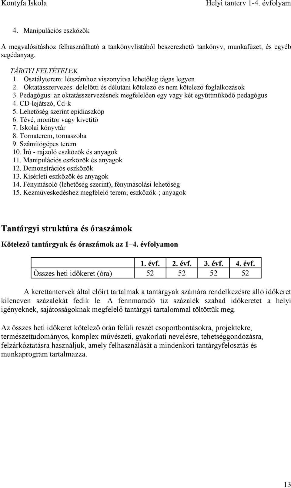 Pedagógus: az oktatásszervezésnek megfelelően egy vagy két együttműködő pedagógus 4. CD-lejátszó, Cd-k 5. Lehetőség szerint epidiaszkóp 6. Tévé, monitor vagy kivetítő 7. Iskolai könyvtár 8.