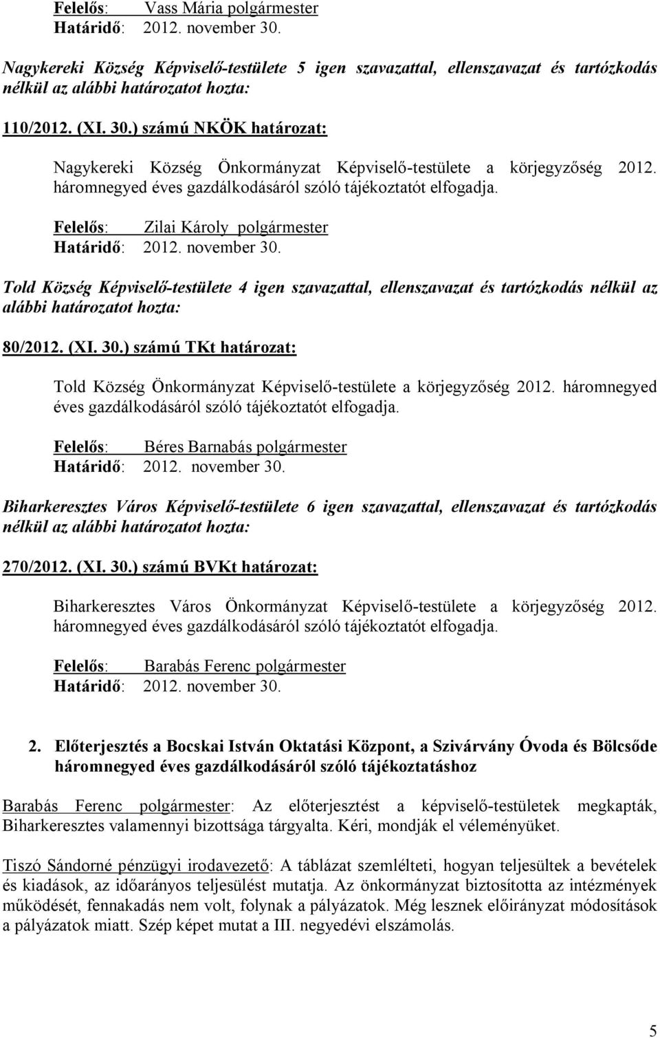 Felelős: Zilai Károly polgármester Told Község Képviselő-testülete 4 igen szavazattal, ellenszavazat és tartózkodás nélkül az 80/2012. (XI. 30.