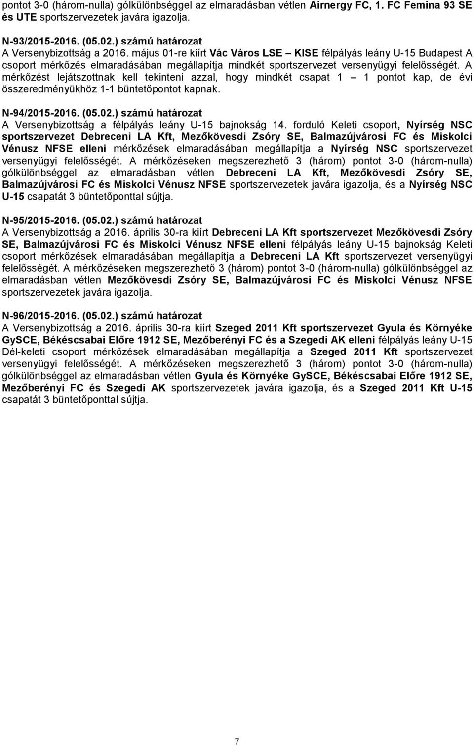 május 01-re kiírt Vác Város LSE KISE félpályás leány U-15 Budapest A csoport mérkőzés elmaradásában megállapítja mindkét sportszervezet versenyügyi felelősségét.