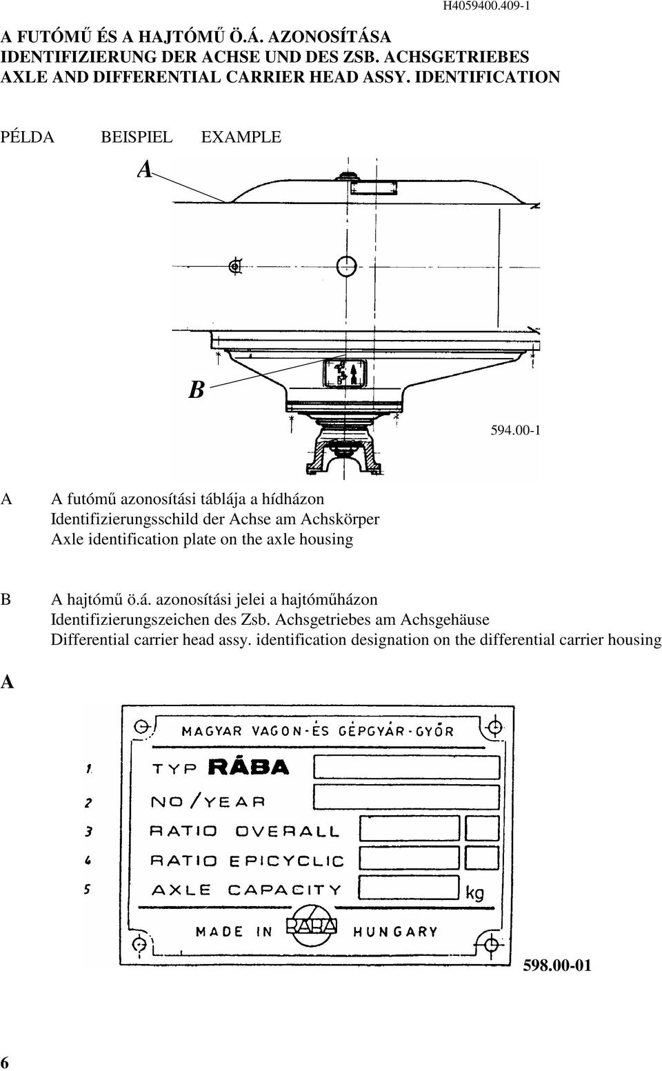 00- A A futómő azonosítási táblája a hídházon Identifizierungsschild der Achse am Achskörper Axle identification plate on the axle