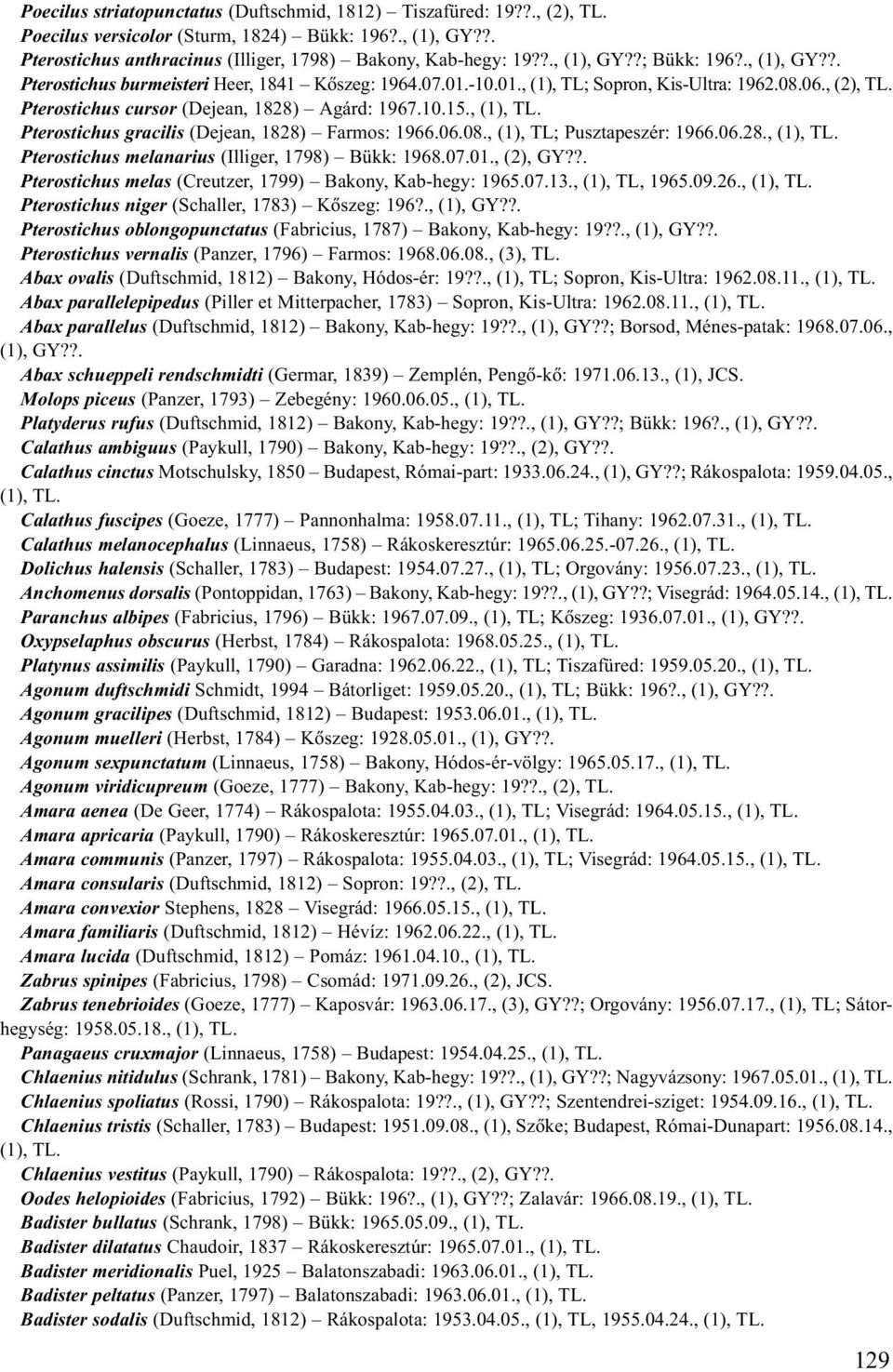 10.15., Pterostichus gracilis (Dejean, 1828) Farmos: 1966.06.08., (1), TL; Pusztapeszér: 1966.06.28., Pterostichus melanarius (Illiger, 1798) Bükk: 1968.07.01., (2), GY?