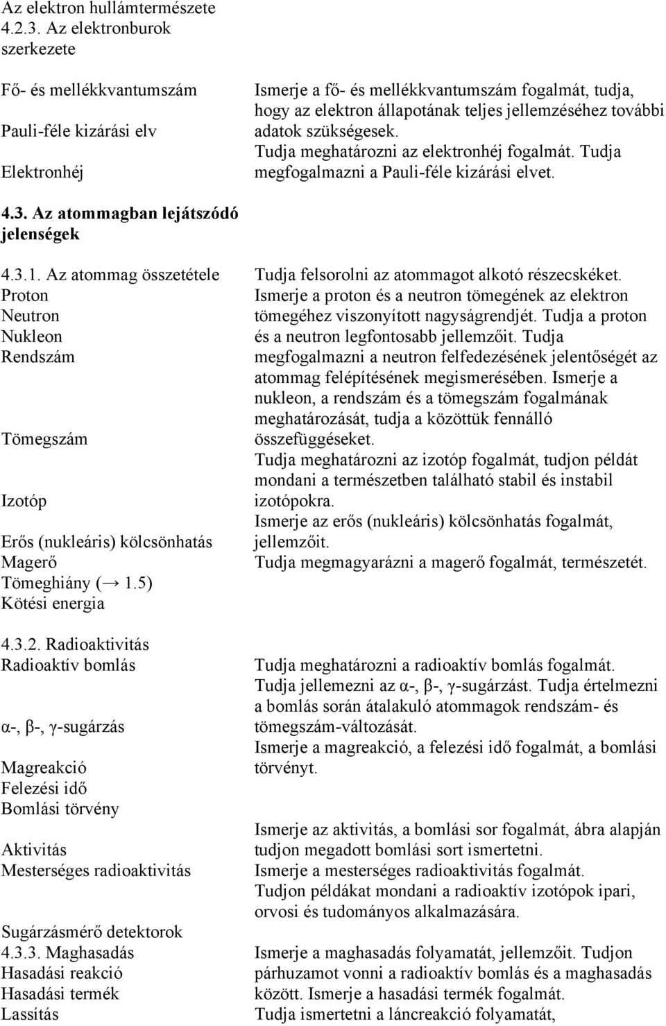 adatok szükségesek. Tudja meghatározni az elektronhéj fogalmát. Tudja megfogalmazni a Pauli-féle kizárási elvet. 4.3. Az atommagban lejátszódó jelenségek 4.3.1.