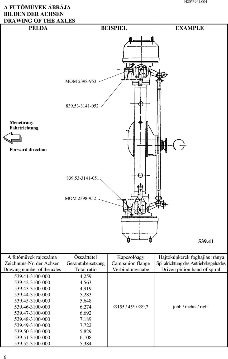 der Achsen Drawing number of the axles 6 Összáttétel Gesamtübersetzung Total ratio Kapcsolóagy Campanion flange Verbindungsnabe Hajtókúpkerék foghajlás iránya Spiralrichtung