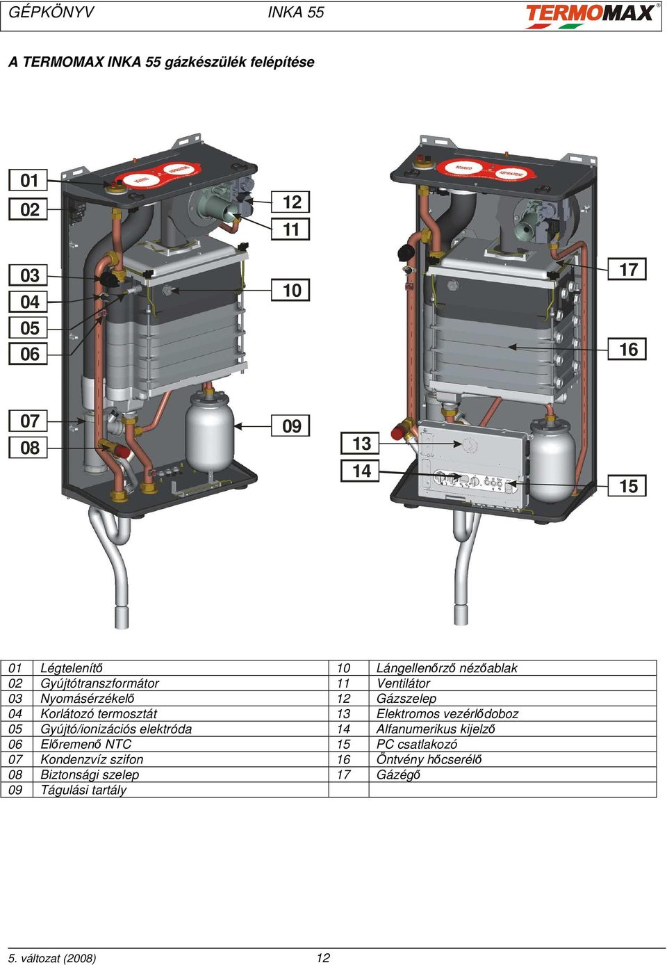 termosztát 13 Elektromos vezérlődoboz 05 Gyújtó/ionizációs elektróda 14 Alfanumerikus kijelző 06 Előremenő NTC 15