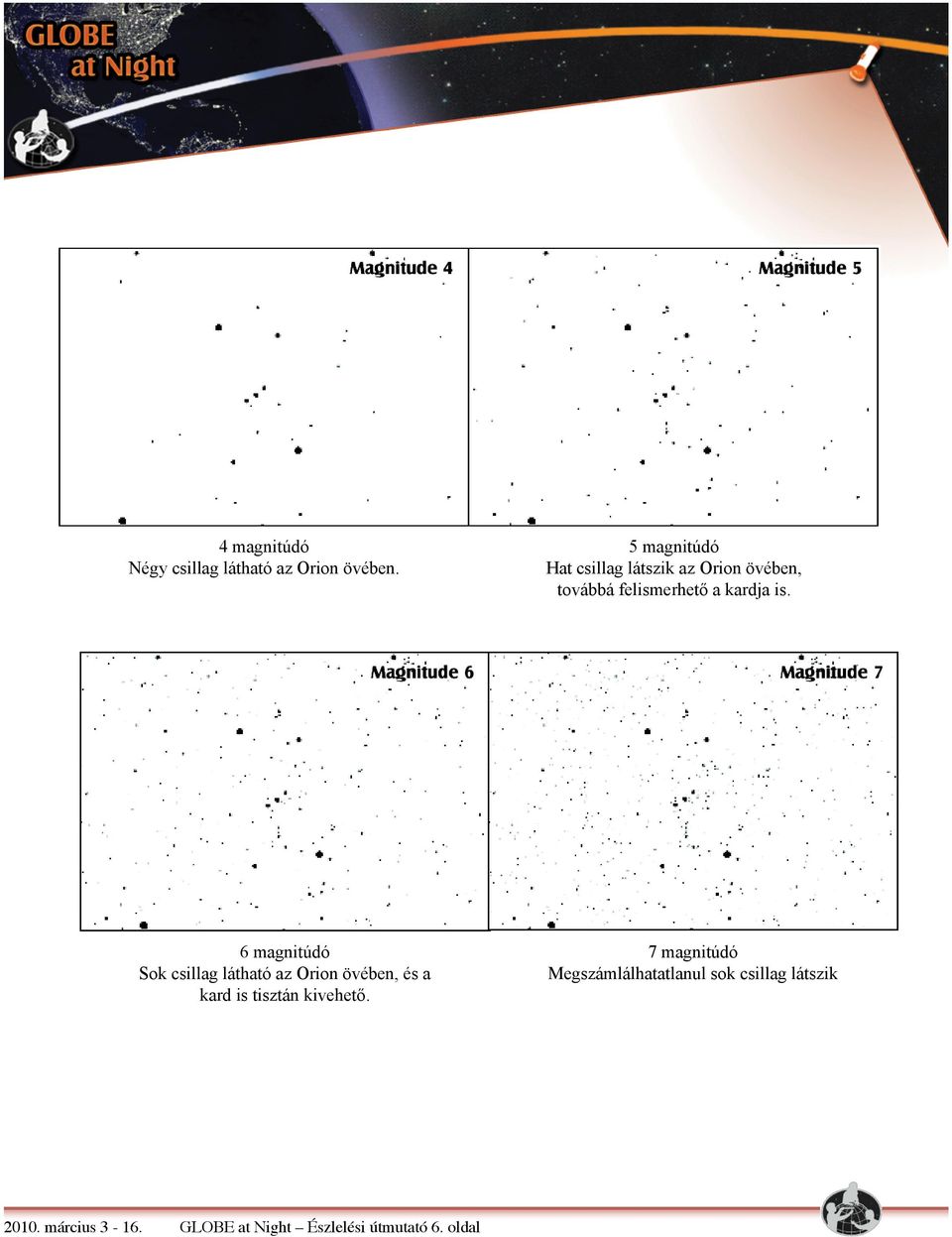 6 magnitúdó Sok csillag látható az Orion övében, és a kard is tisztán kivehető.