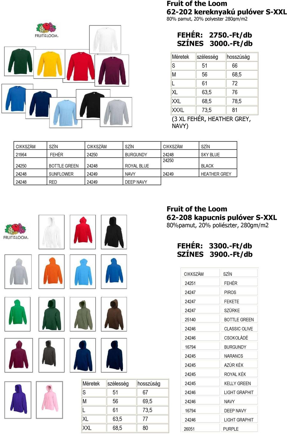 BOTTLE GREEN 24248 ROYAL BLUE 24250 BLACK 24248 SUNFLOWER 24249 NAVY 24249 HEATHER GREY 24248 RED 24249 DEEP NAVY Fruit of the Loom 62-208 kapucnis pulóver S-XXL 80%pamut, 20% poliészter, 280gm/m2