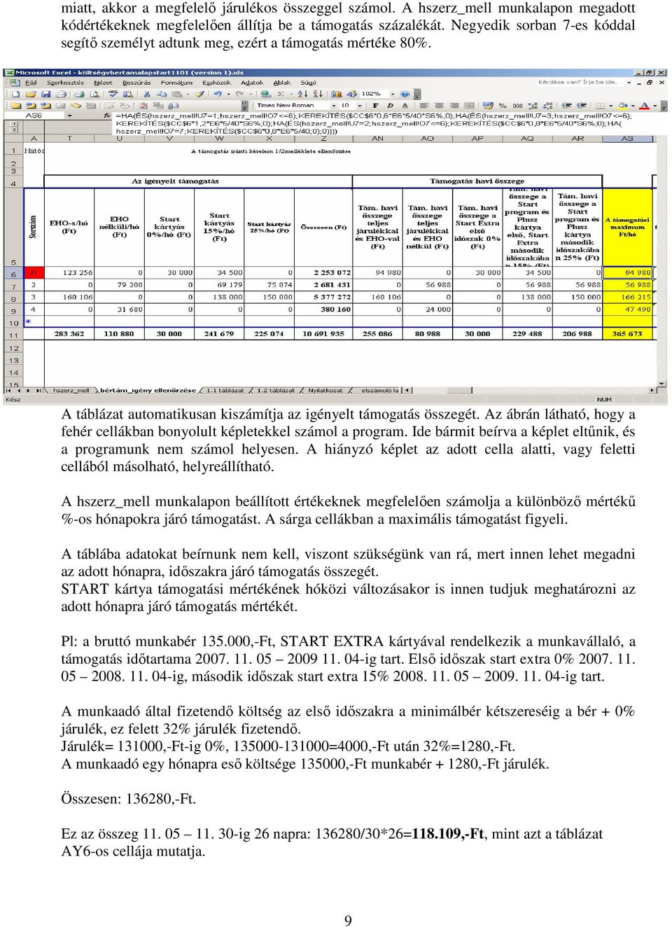 Az ábrán látható, hogy a fehér cellákban bonyolult képletekkel számol a program. Ide bármit beírva a képlet eltőnik, és a programunk nem számol helyesen.