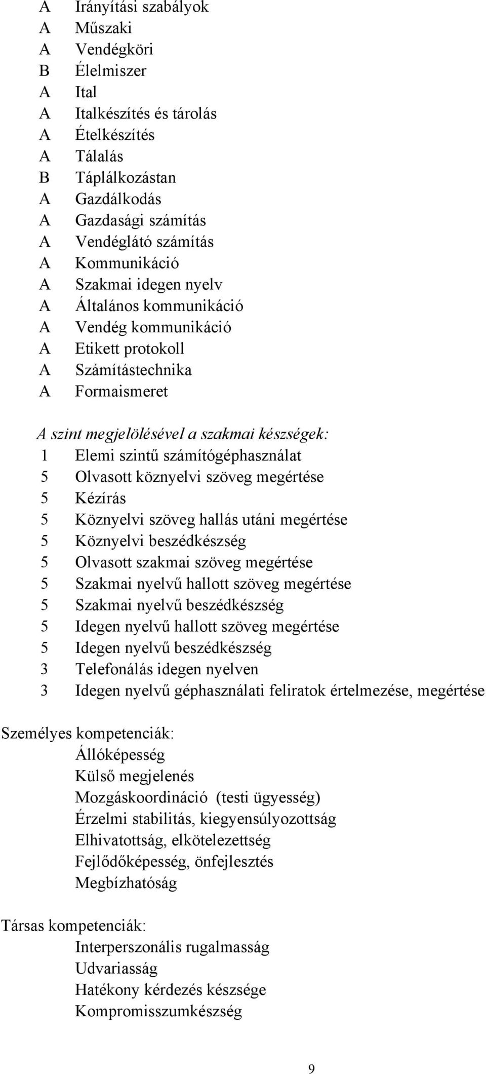 számítógéphasználat 5 Olvasott köznyelvi szöveg megértése 5 Kézírás 5 Köznyelvi szöveg hallás utáni megértése 5 Köznyelvi beszédkészség 5 Olvasott szakmai szöveg megértése 5 Szakmai nyelvű hallott