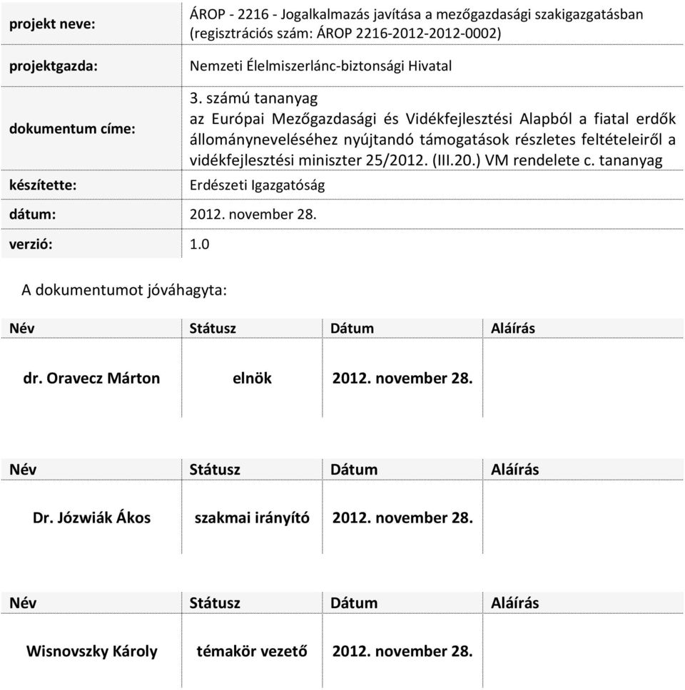 vidékfejlesztési miniszter 25/2012. (III.20.) VM rendelete c. tananyag Erdészeti Igazgatóság dátum: 2012. november 28. verzió: 1.