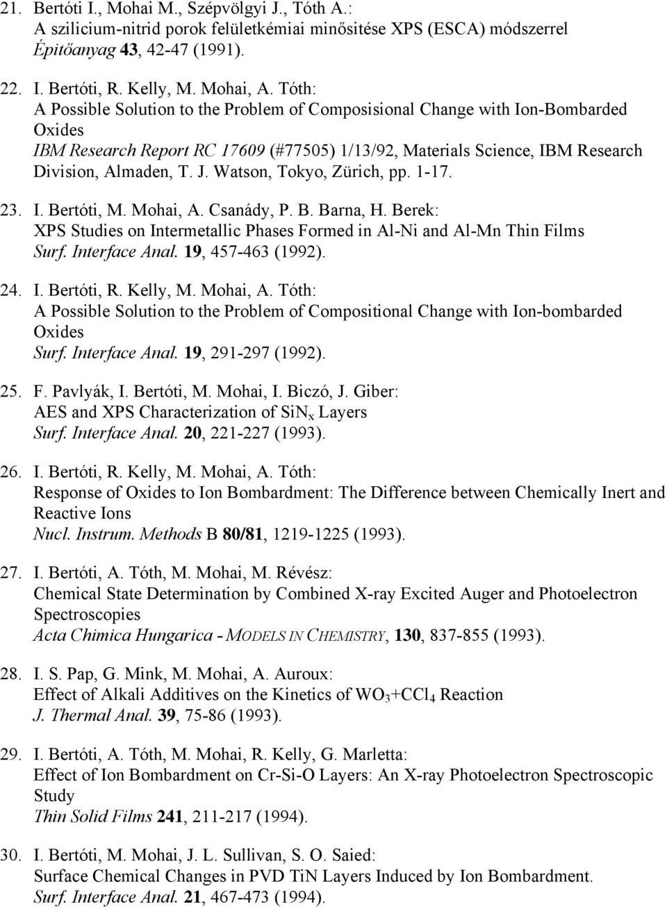 Watson, Tokyo, Zürich, pp. 1-17. 23. I. Bertóti, M. Mohai, A. Csanády, P. B. Barna, H. Berek: XPS Studies on Intermetallic Phases Formed in Al-Ni and Al-Mn Thin Films Surf. Interface Anal.