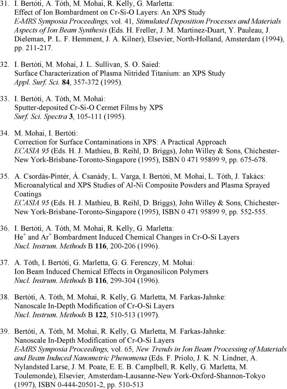 211-217. 32. I. Bertóti, M. Mohai, J. L. Sullivan, S. O. Saied: Surface Characterization of Plasma Nitrided Titanium: an XPS Study Appl. Surf. Sci. 84, 357-372 (1995). 33. I. Bertóti, A. Tóth, M.